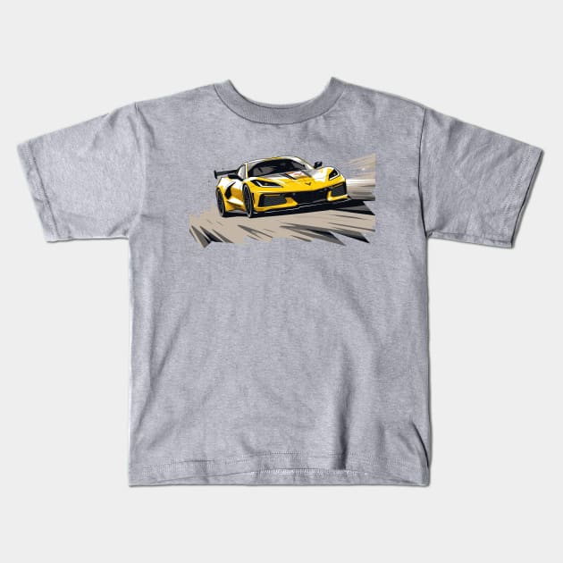 Accelerate Yellow Corvette C8 racecar on a race track Supercar Sports car Racing car Kids T-Shirt by Tees 4 Thee